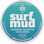 100g tin of Surfmud Surfbaby Sensitive Sunscreen SPF 30 with a blue and yellow label on a white background.