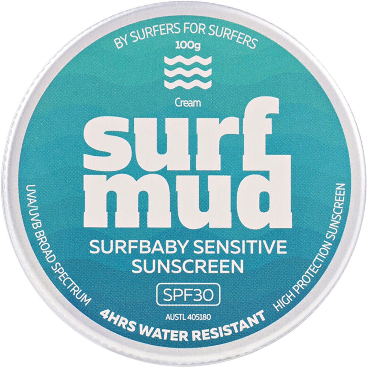 100g tin of Surfmud Surfbaby Sensitive Sunscreen SPF 30 with a blue and yellow label on a white background.