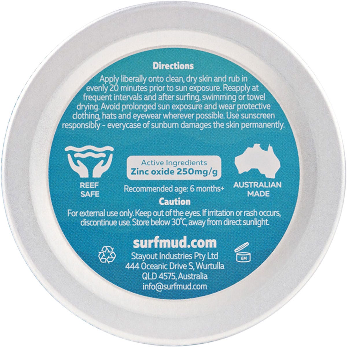 Back of 100g Surfmud Surfbaby Sensitive Sunscreen tin with ingredients, directions, and product features.