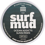 100g tin of Surfmud Ocean Addicts Sunscreen SPF 30 with a black and white label on a white background.