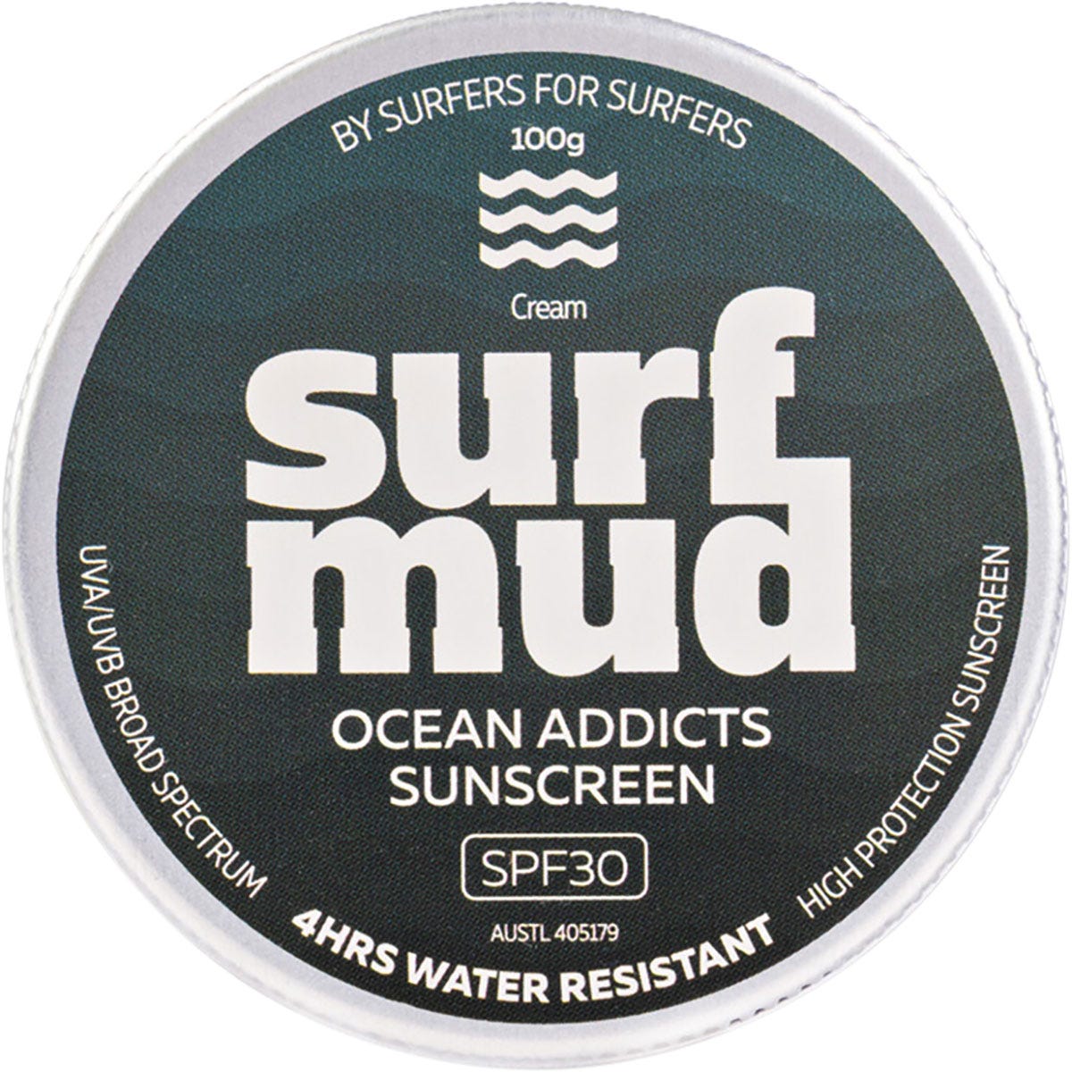 100g tin of Surfmud Ocean Addicts Sunscreen SPF 30 with a black and white label on a white background.