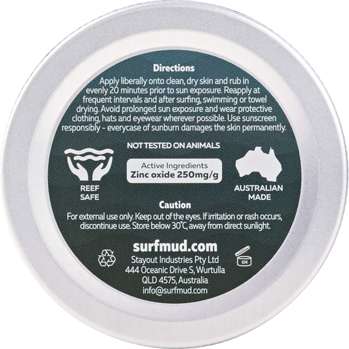 Back of a 100g Surfmud SPF 30 sunscreen tin with directions, active ingredients, and a "made in Australia" logo.