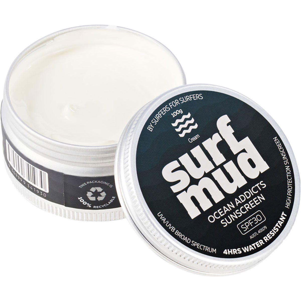 Open tin of Surfmud SPF 30 sunscreen showing the white cream inside next to its lid on a white background.