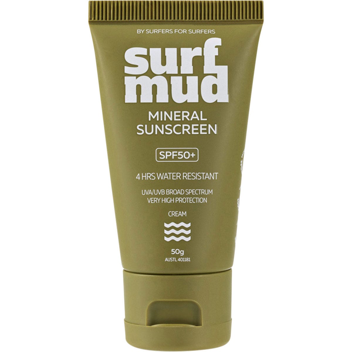50g tube of Surfmud Mineral Sunscreen SPF 50+ on a white background.