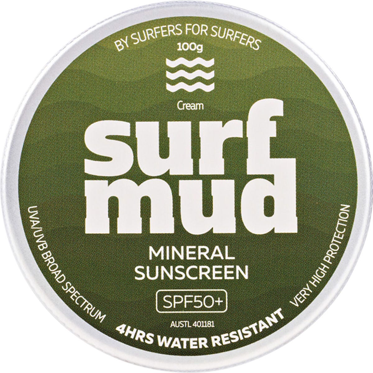 Surfmud Mineral Sunscreen SPF 50+ in a 100g recyclable aluminium tin.