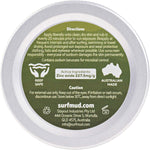 Back of Surfmud Mineral Sunscreen 100g tin showing active ingredients, directions, and 4-hour water resistance.