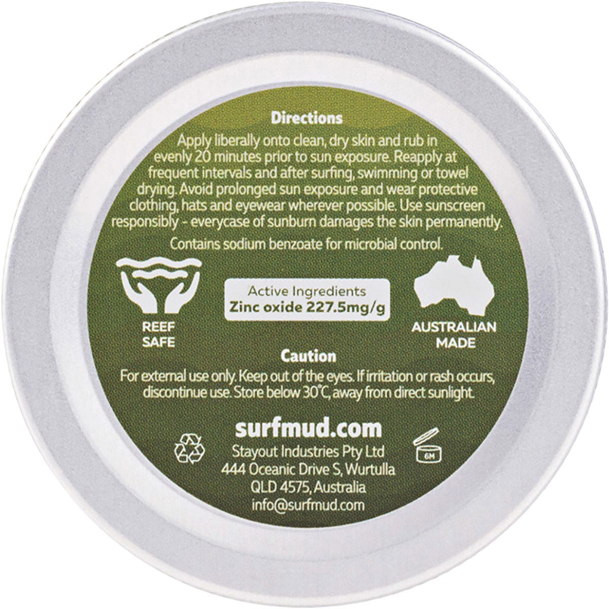 Back of Surfmud Mineral Sunscreen 100g tin showing active ingredients, directions, and 4-hour water resistance.