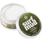Open 100g recyclable aluminium tin of Surfmud Mineral Sunscreen SPF 50+ showing the white cream inside.