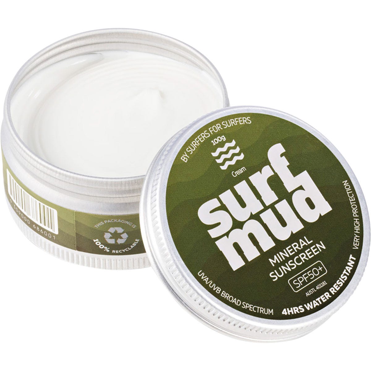 Open 100g recyclable aluminium tin of Surfmud Mineral Sunscreen SPF 50+ showing the white cream inside.