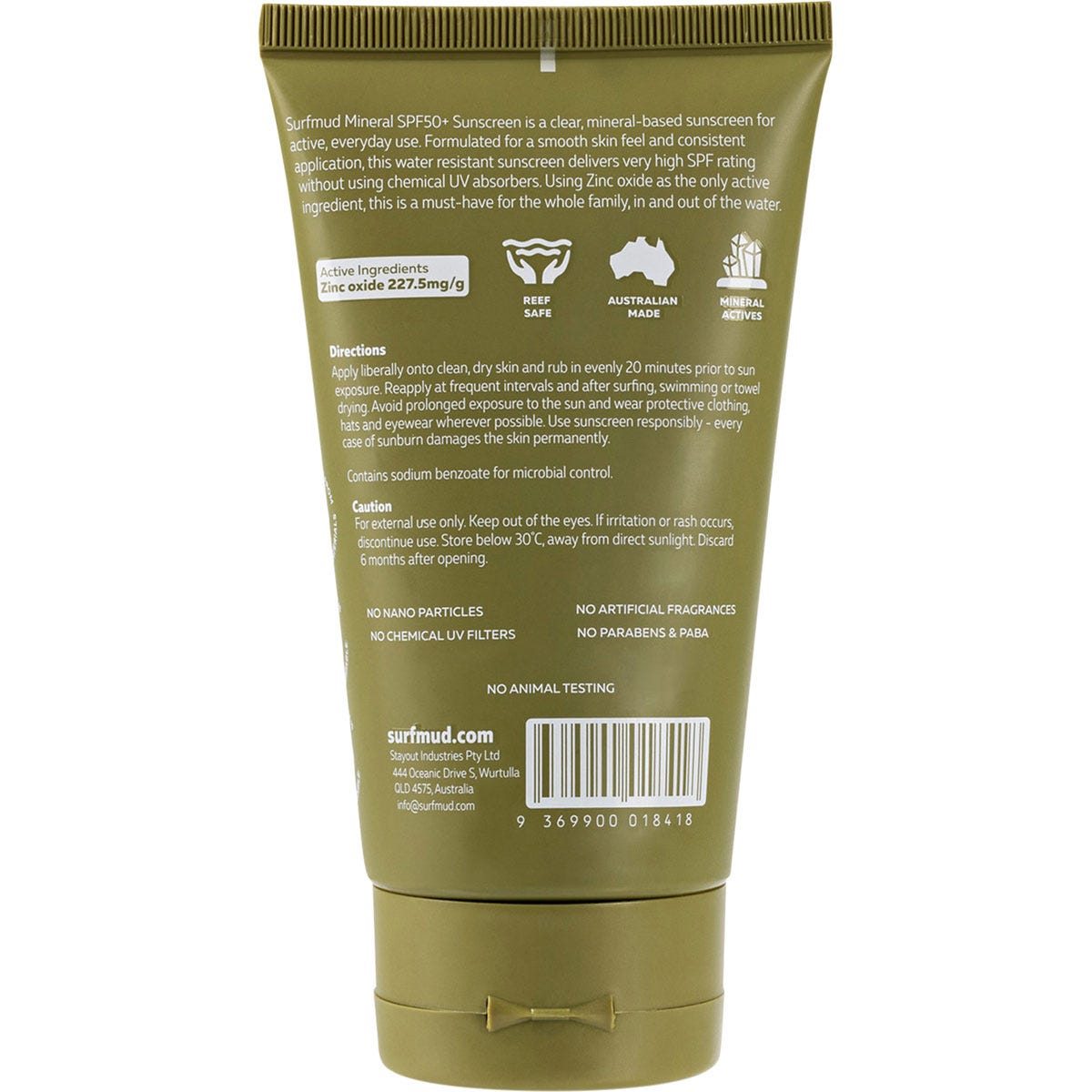 Back of a 125g Surfmud Mineral Sunscreen SPF 50+ tube showing directions and ingredients on a white background.