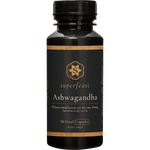90 capsules of SuperFeast Ashwagandha in a dark glass bottle with a white label and botanical illustrations.