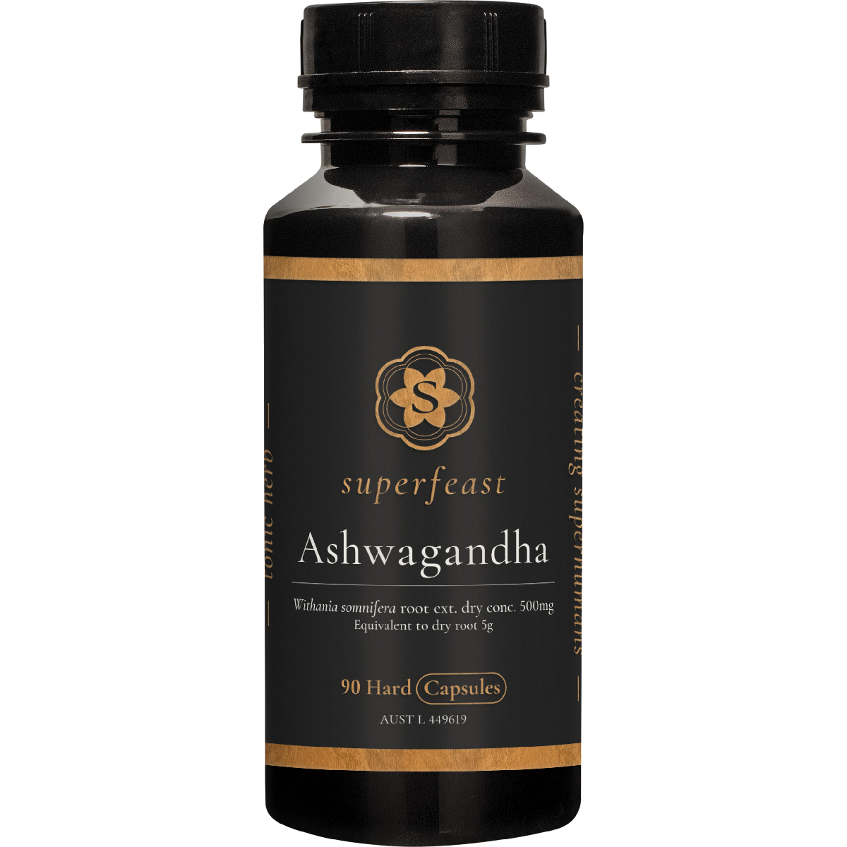 90 capsules of SuperFeast Ashwagandha in a dark glass bottle with a white label and botanical illustrations.