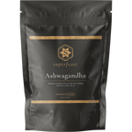 Amber glass bottle of SuperFeast Ashwagandha 240 capsules with a black lid and a minimalist white label.