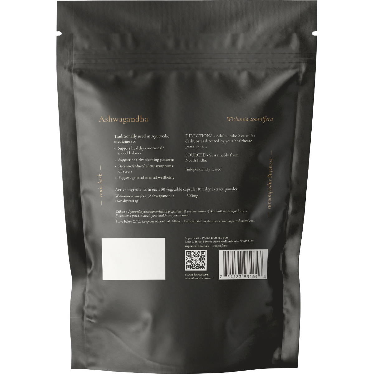Back of SuperFeast Ashwagandha bottle showing nutritional information and directions on a white label.