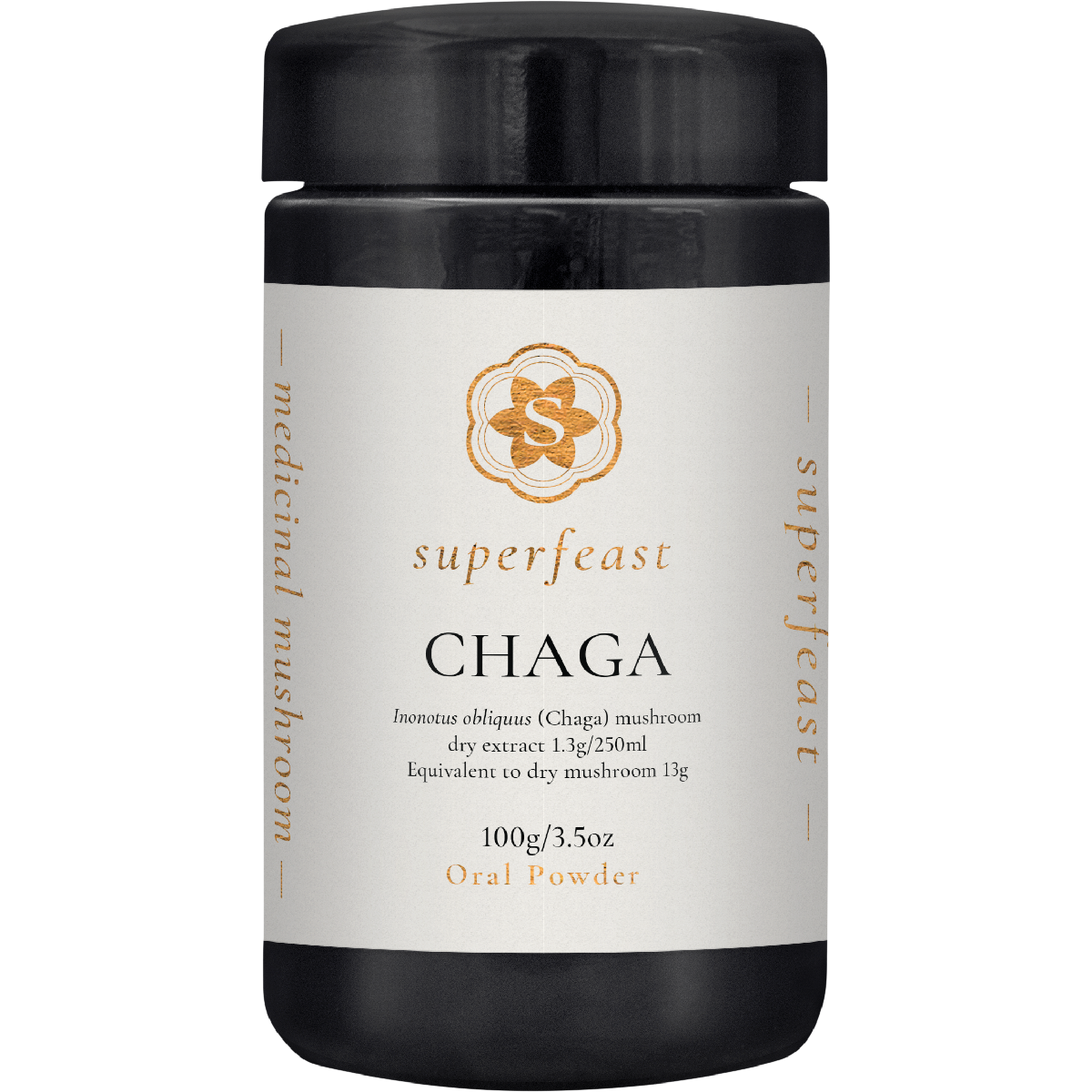 100g jar of SuperFeast Chaga mushroom extract powder featuring a dark Miron glass jar with a minimalist label.