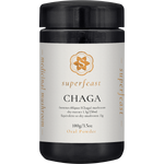 100g jar of SuperFeast Chaga mushroom extract powder featuring a dark Miron glass jar with a minimalist label.