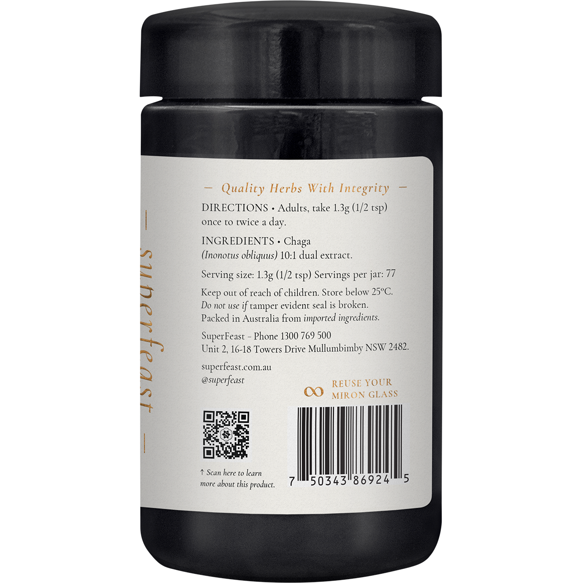 Side view of SuperFeast Chaga 100g in a dark Miron glass jar, showing the right side of the minimalist label.