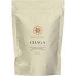 250g bag of SuperFeast Chaga wild-harvested medicinal mushroom extract powder on a white background.