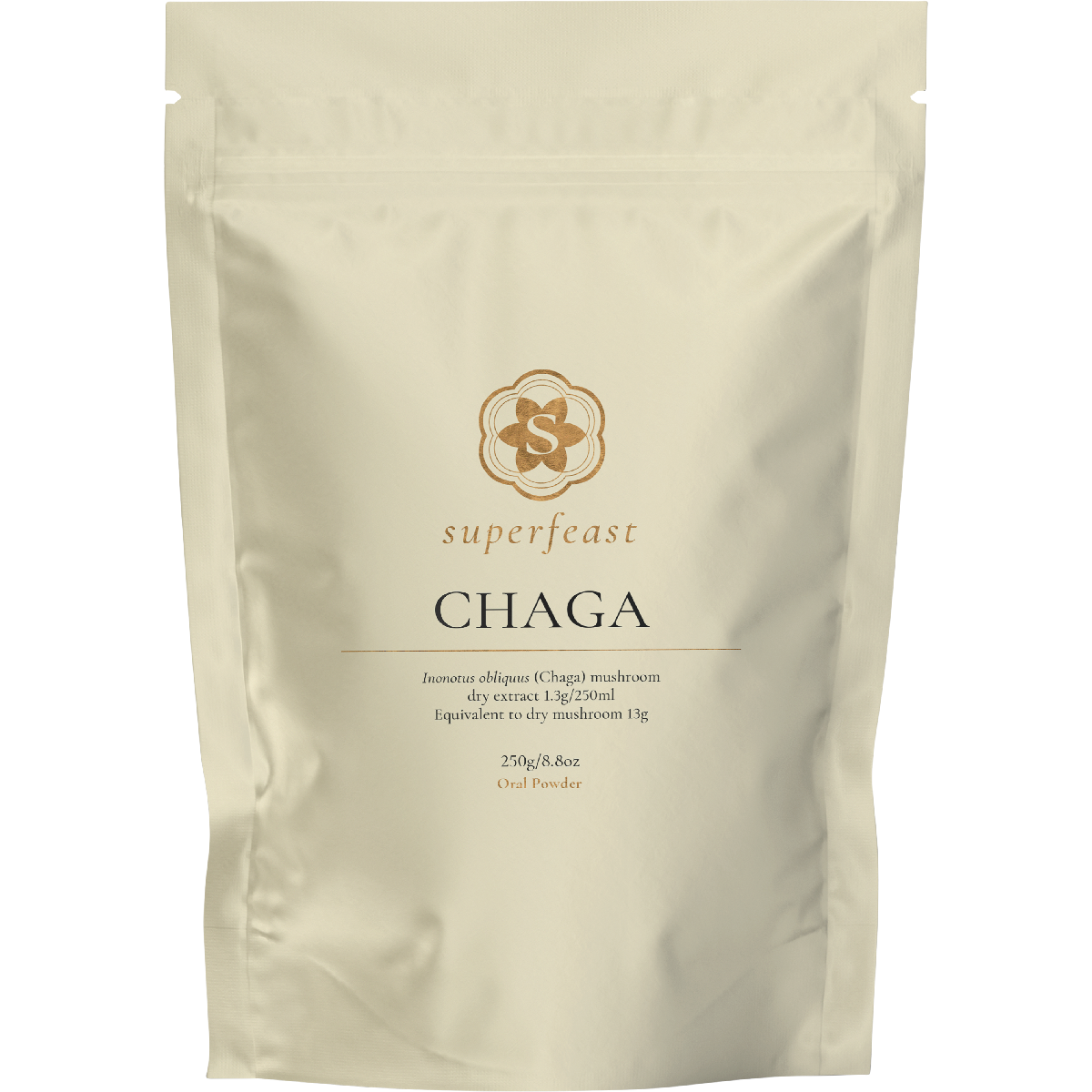 250g bag of SuperFeast Chaga wild-harvested medicinal mushroom extract powder on a white background.