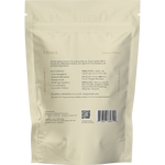 Back of a 250g bag of SuperFeast Chaga extract powder showing ingredients, suggested use, and product details.