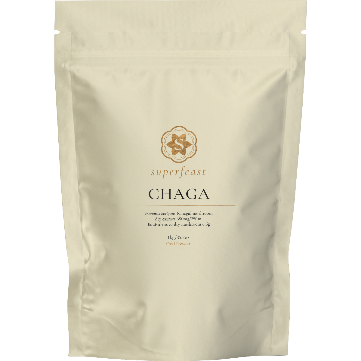SuperFeast Chaga 1kg bulk bag of medicinal mushroom extract powder on a white background.