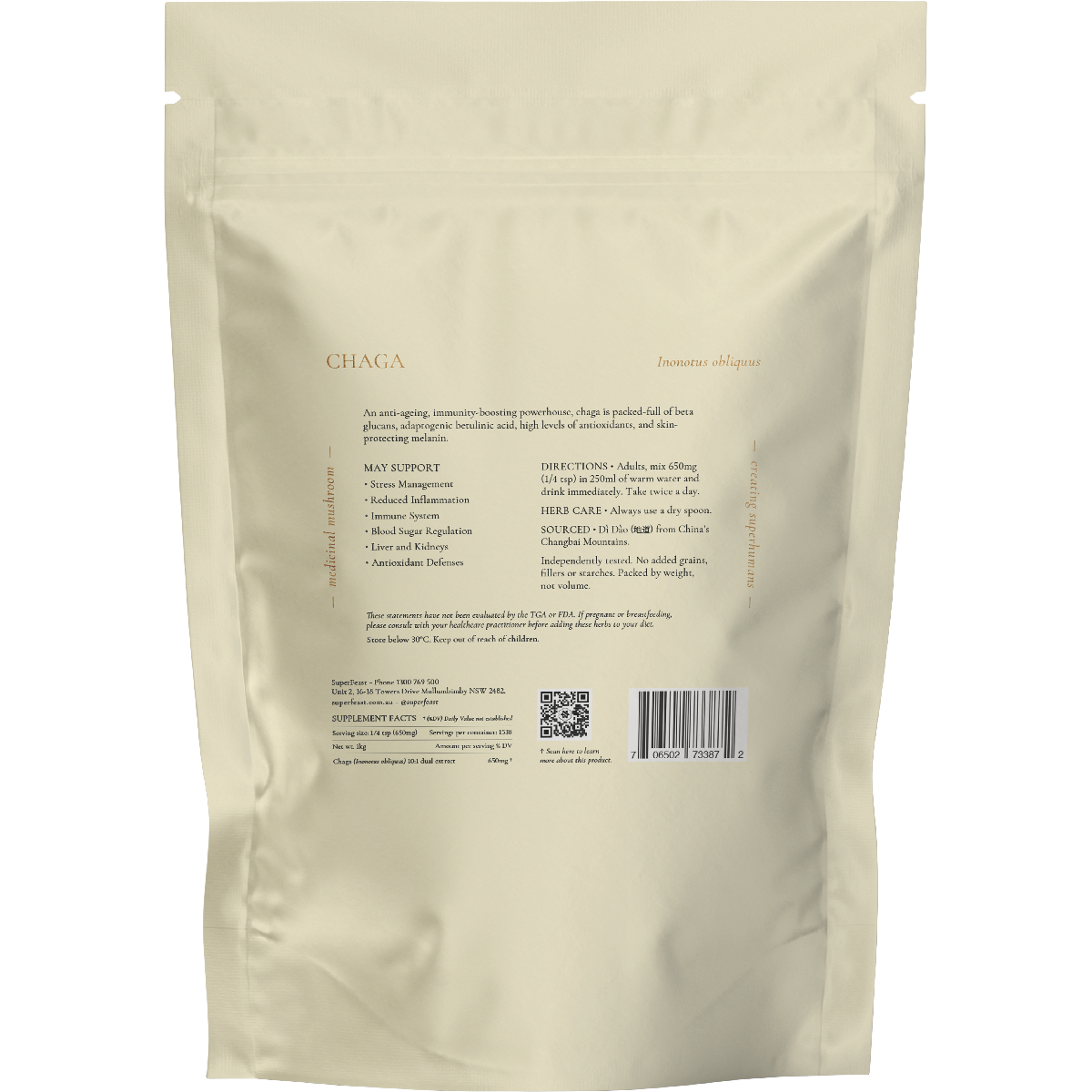 Back of SuperFeast Chaga 1kg bag showing ingredients, serving suggestions, and medicinal mushroom benefits.