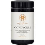 100g amber glass jar of SuperFeast Cordyceps dietary supplement with a black lid and white minimalist label.