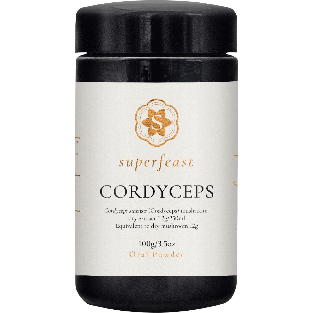 100g amber glass jar of SuperFeast Cordyceps dietary supplement with a black lid and white minimalist label.