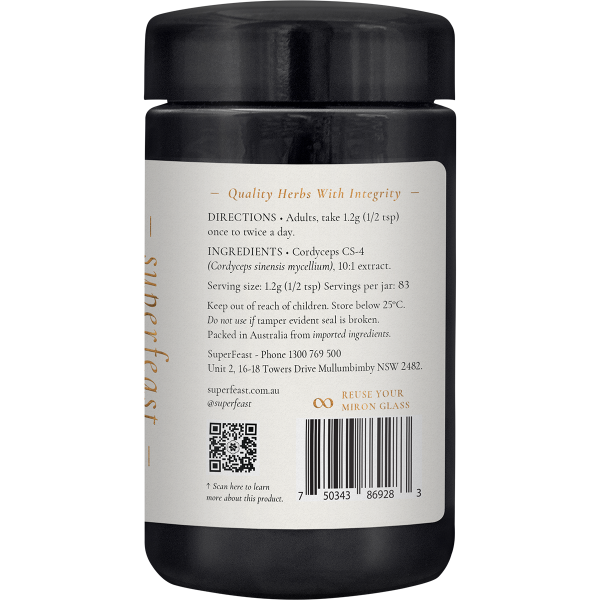 Side view of SuperFeast Cordyceps 100g amber jar showing product benefits and a "Performance" label.