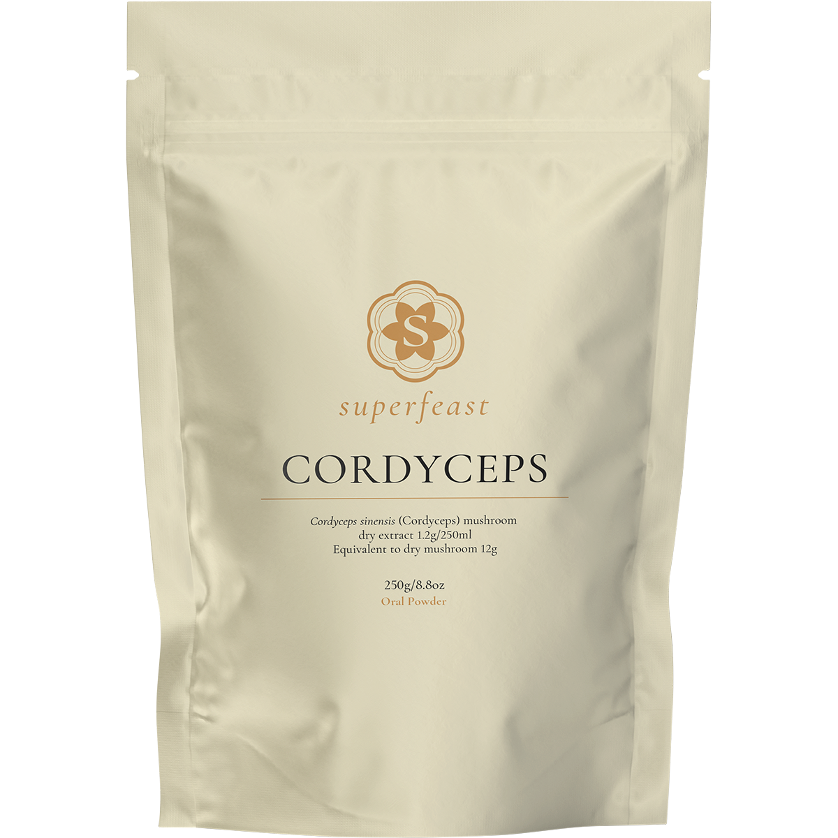 250g bag of SuperFeast Cordyceps mushroom extract powder for energy, immunity, and lung support.