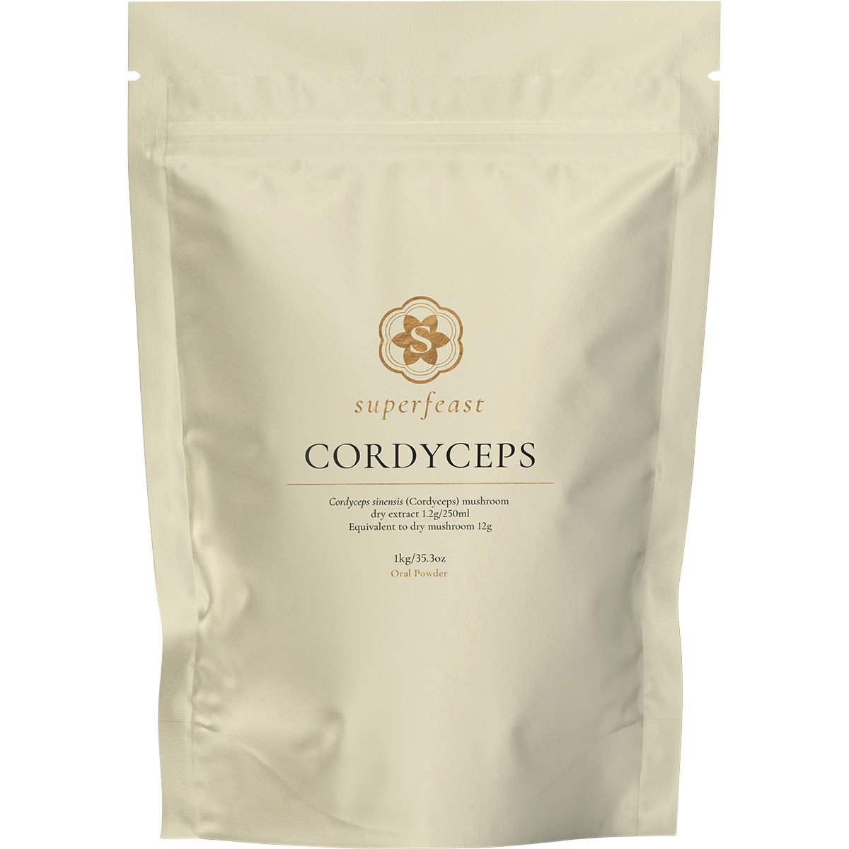 1kg bag of SuperFeast Cordyceps extract powder, a medicinal mushroom supplement for energy and performance.