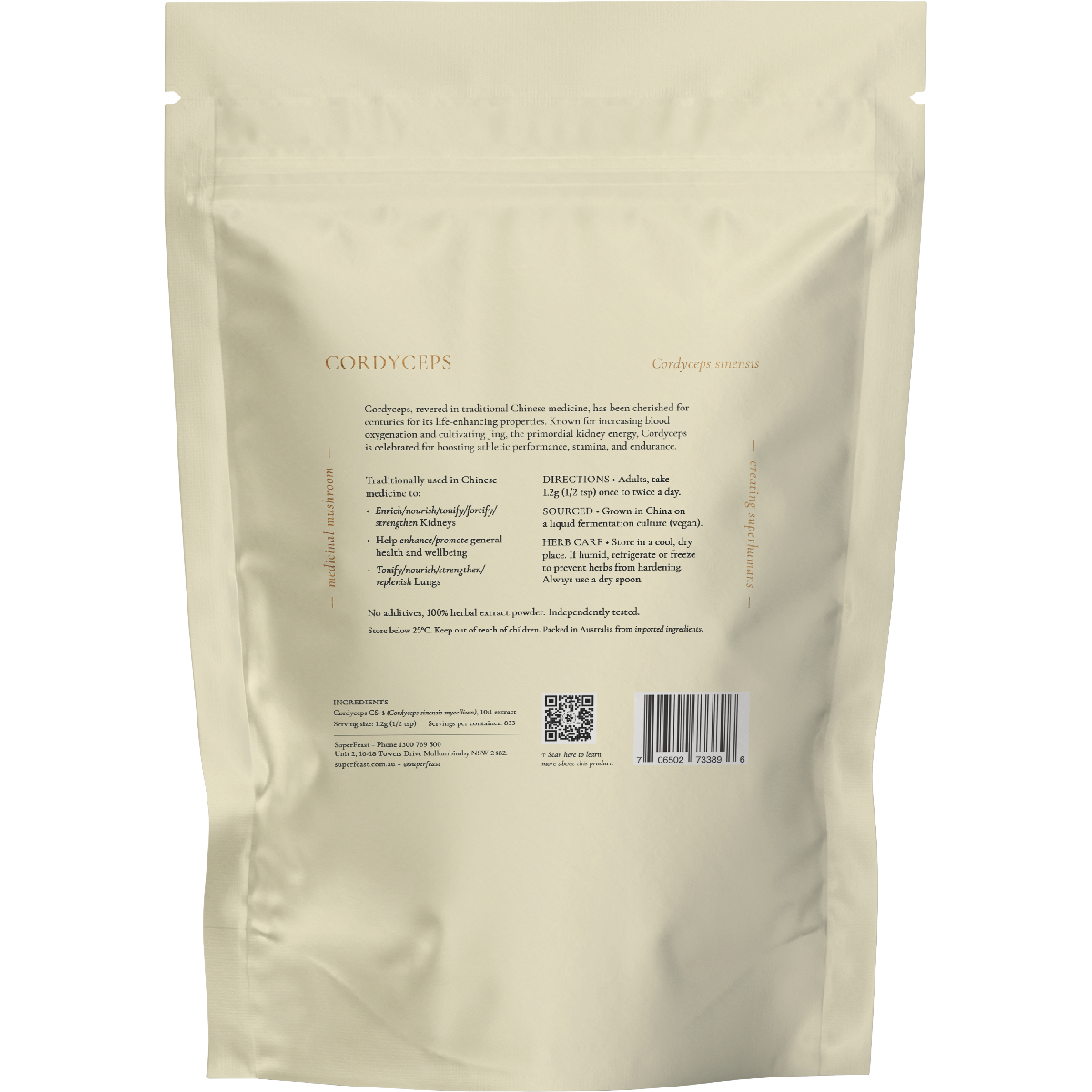 Back of SuperFeast Cordyceps 1kg bag showing nutritional information and directions on a white background.