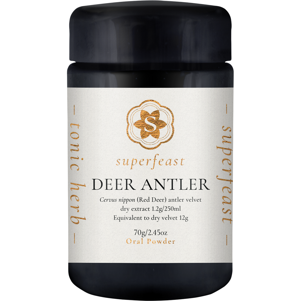 70g jar of SuperFeast Deer Antler velvet extract powder with a black lid and gold-accented label.