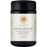 70g jar of SuperFeast Deer Antler velvet extract powder with a black lid and gold-accented label.