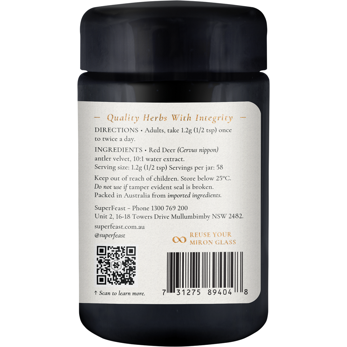 Right-side view of a 70g jar of SuperFeast Deer Antler velvet extract powder with a black lid and gold-accented label.