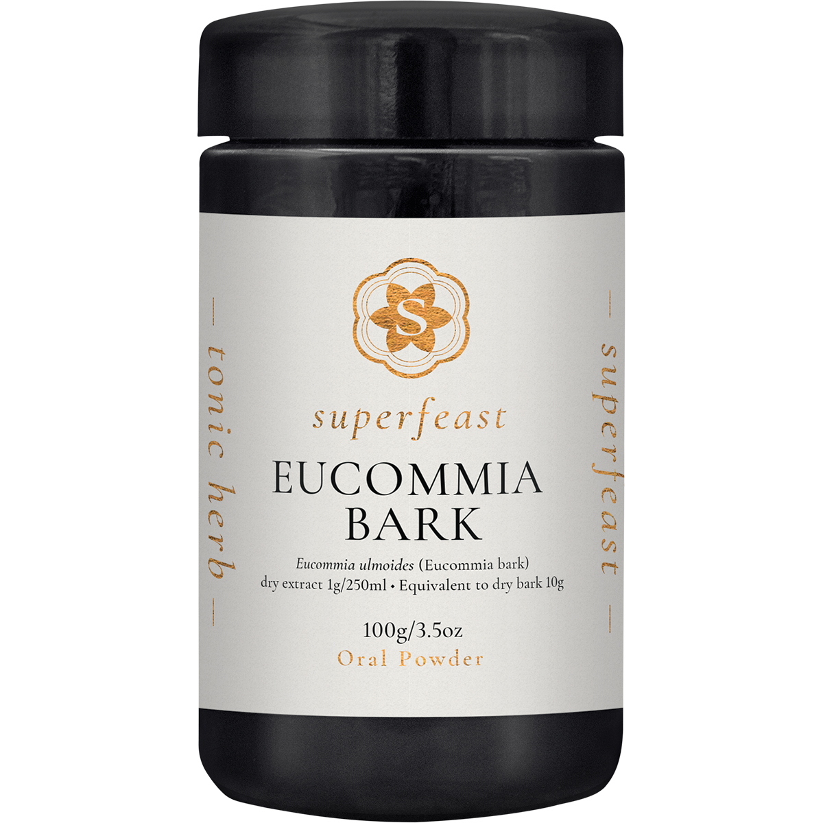100g Miron glass jar of SuperFeast Eucommia Bark extract powder for kidney, joint, and bone support.
