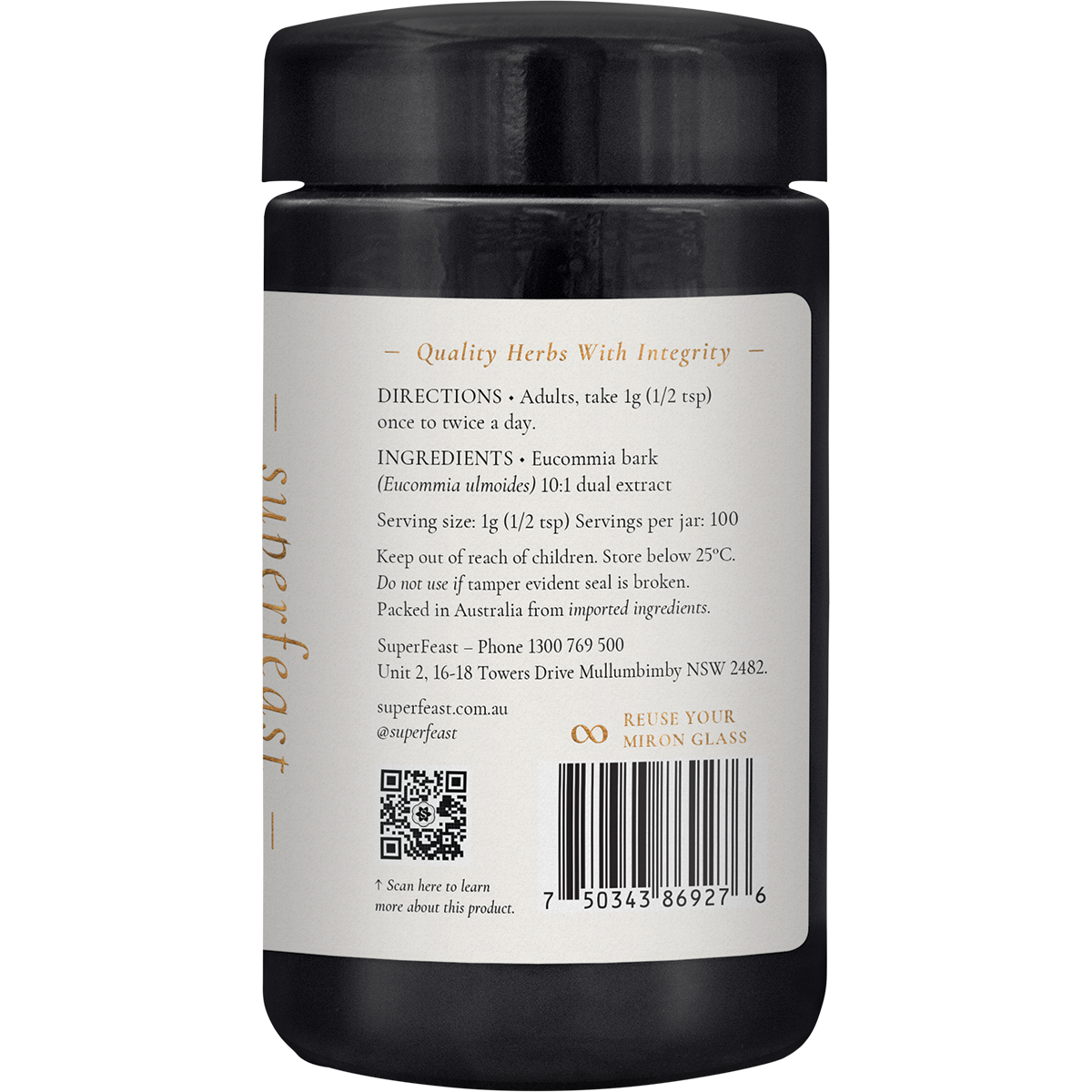 Right side of SuperFeast Eucommia Bark 100g Miron glass jar showing nutritional information and directions.