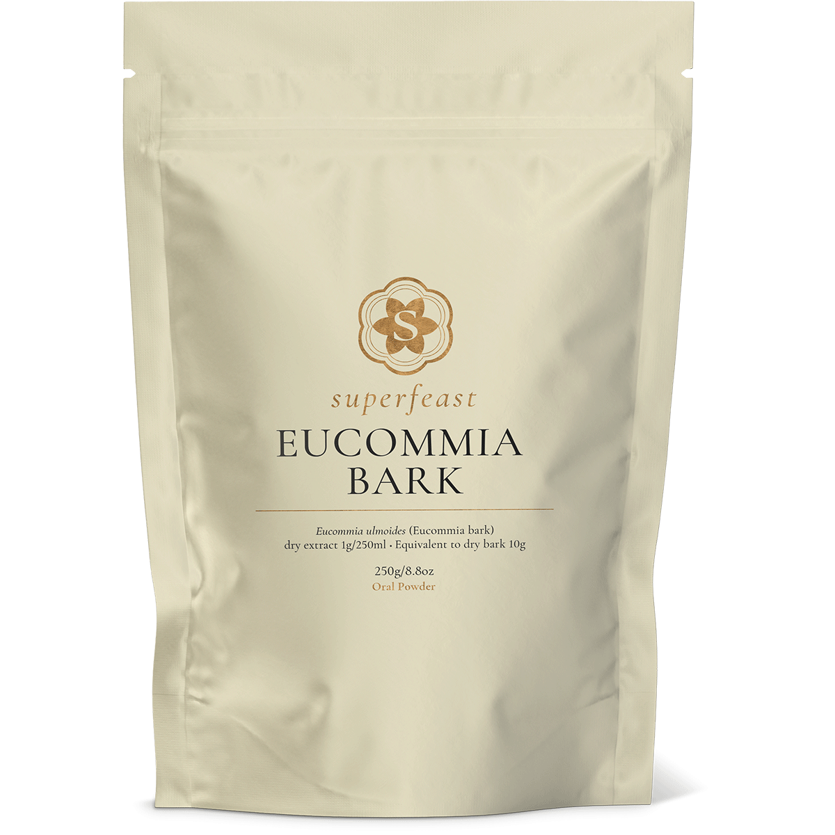 250g bag of SuperFeast Eucommia Bark extract powder for kidney energy, bone, and joint support.