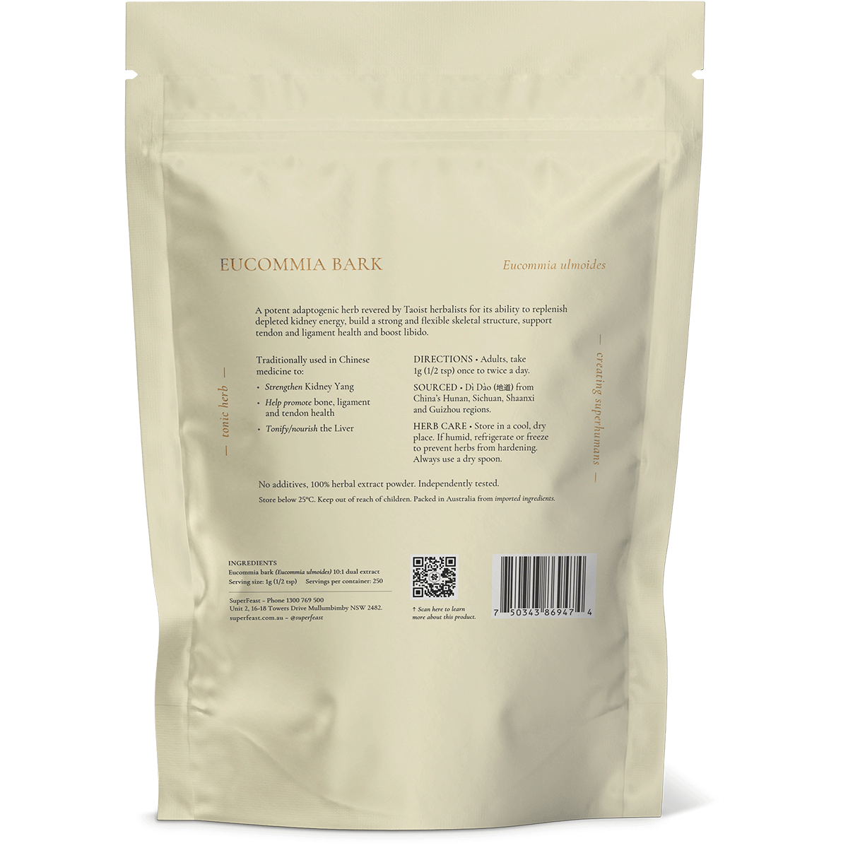 Back of a 250g bag of SuperFeast Eucommia Bark extract powder showing ingredients and usage directions.