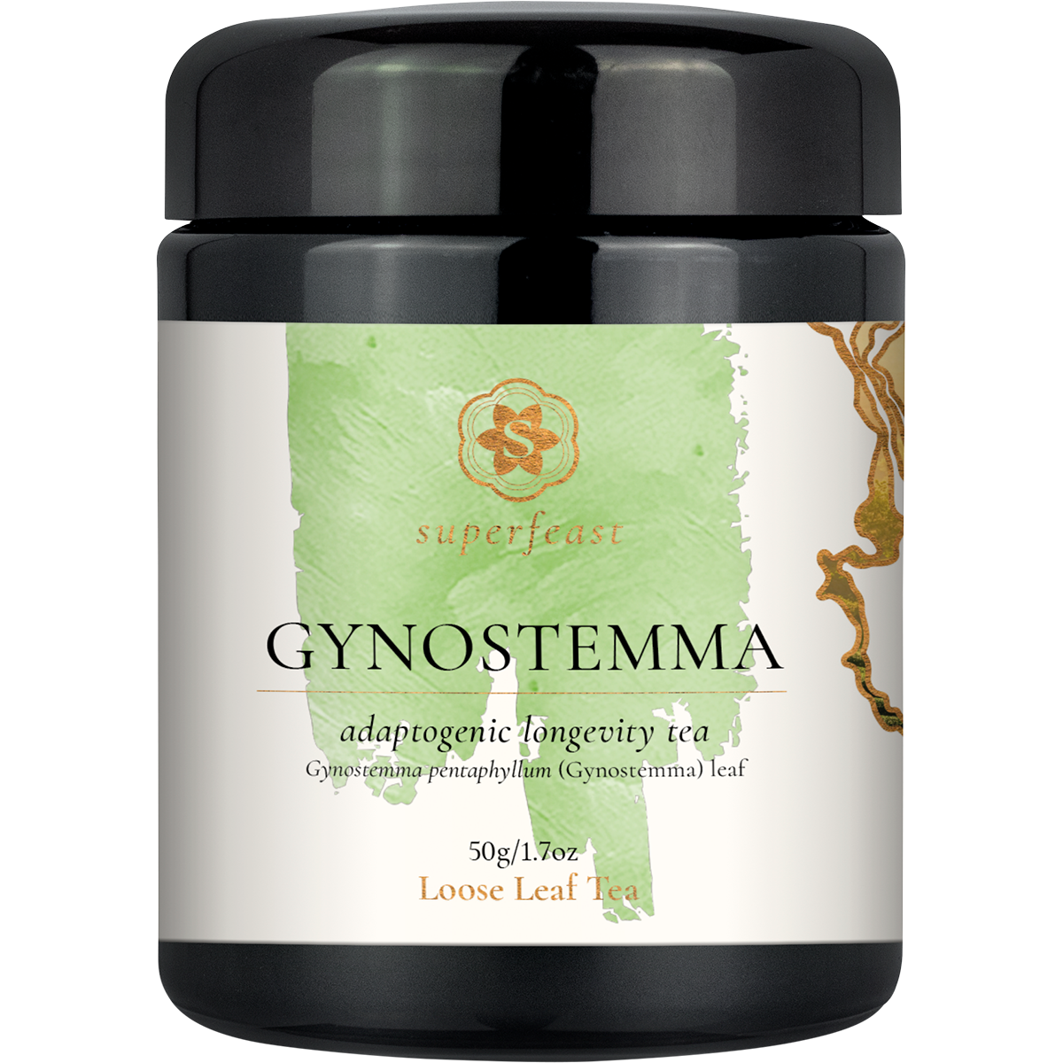 A black plastic jar of Superfeast Gynostemma adaptogenic longevity tea, featuring a white label with a light green watercolor design and gold accents.