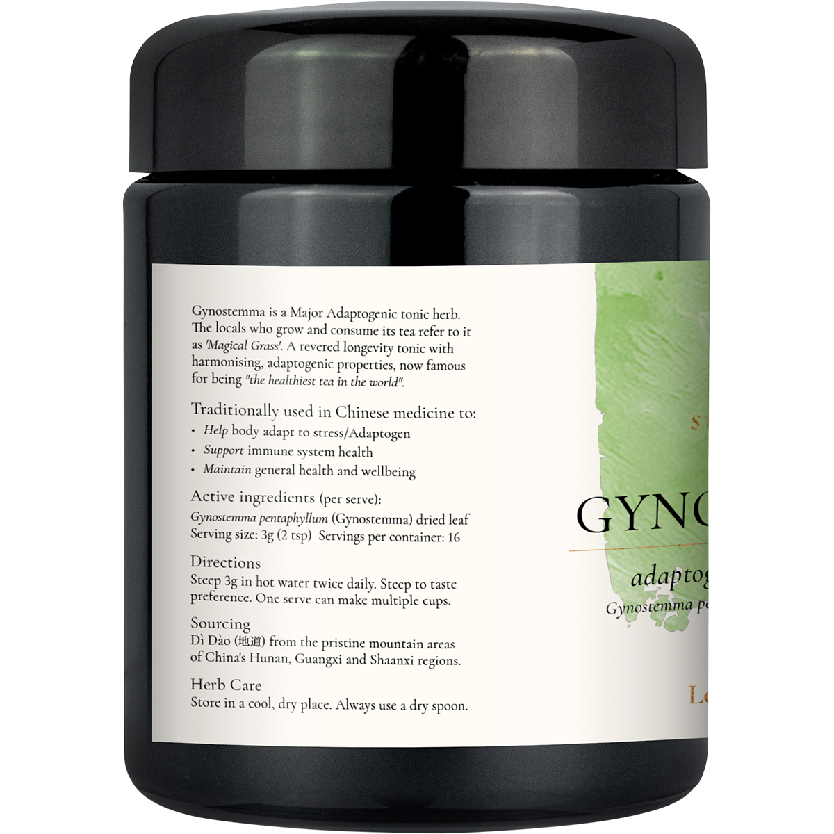 A black plastic bottle of Gyno Menstrual Support Tonic with a white and green label, shown against a plain white background.