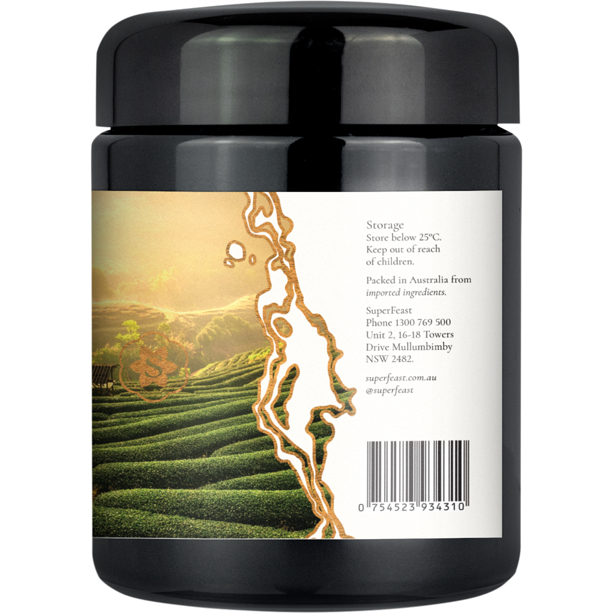 A black plastic jar of SuperElast hair-building hair powder, featuring a white label with a scenic green tea plantation graphic and product details.