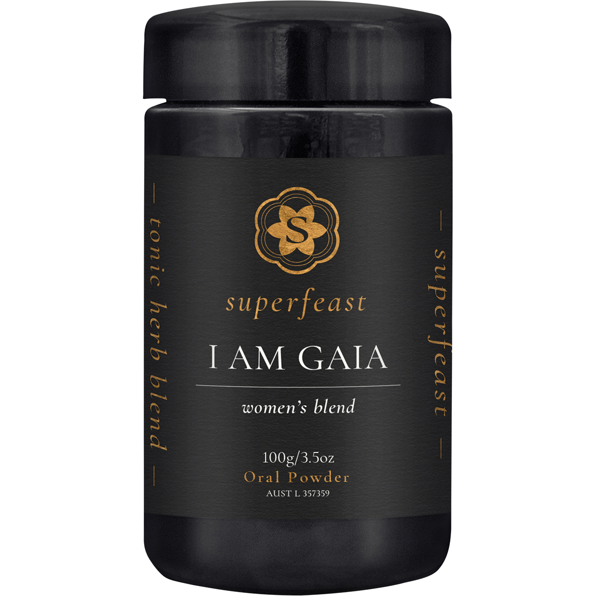 100g jar of SuperFeast I Am Gaia Women's Blend, a tonic herbal multivitamin powder for hormonal support.