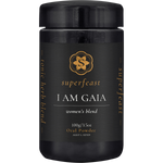 100g jar of SuperFeast I Am Gaia Women's Blend, a tonic herbal multivitamin powder for hormonal support.