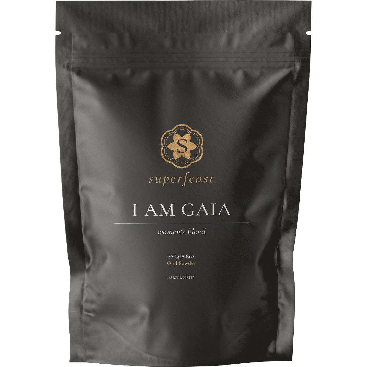 SuperFeast I Am Gaia Women's Blend 250g jar with a brown label featuring a golden goddess and botanical illustrations.