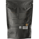 Back label of SuperFeast I Am Gaia 250g jar, showing ingredients, directions, and health benefits on a brown background.