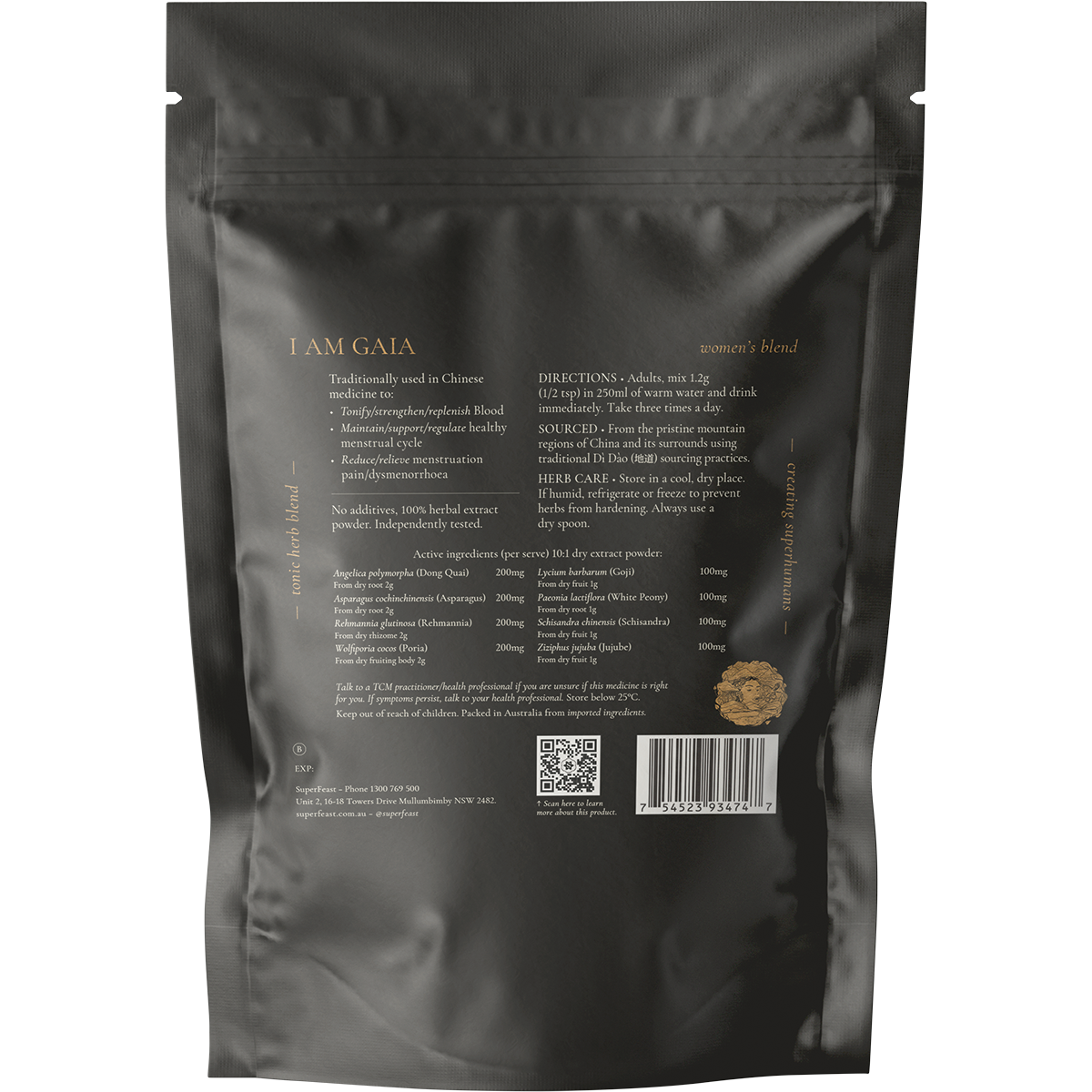 Back label of SuperFeast I Am Gaia 250g jar, showing ingredients, directions, and health benefits on a brown background.