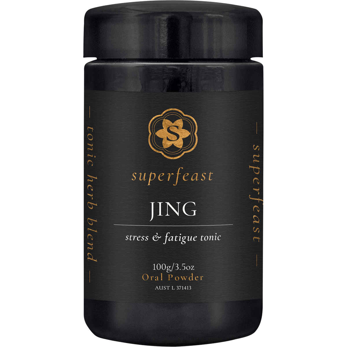 100g jar of SuperFeast JING Stress and Fatigue Tonic, a Taoist herbal blend for energy and adrenal support.