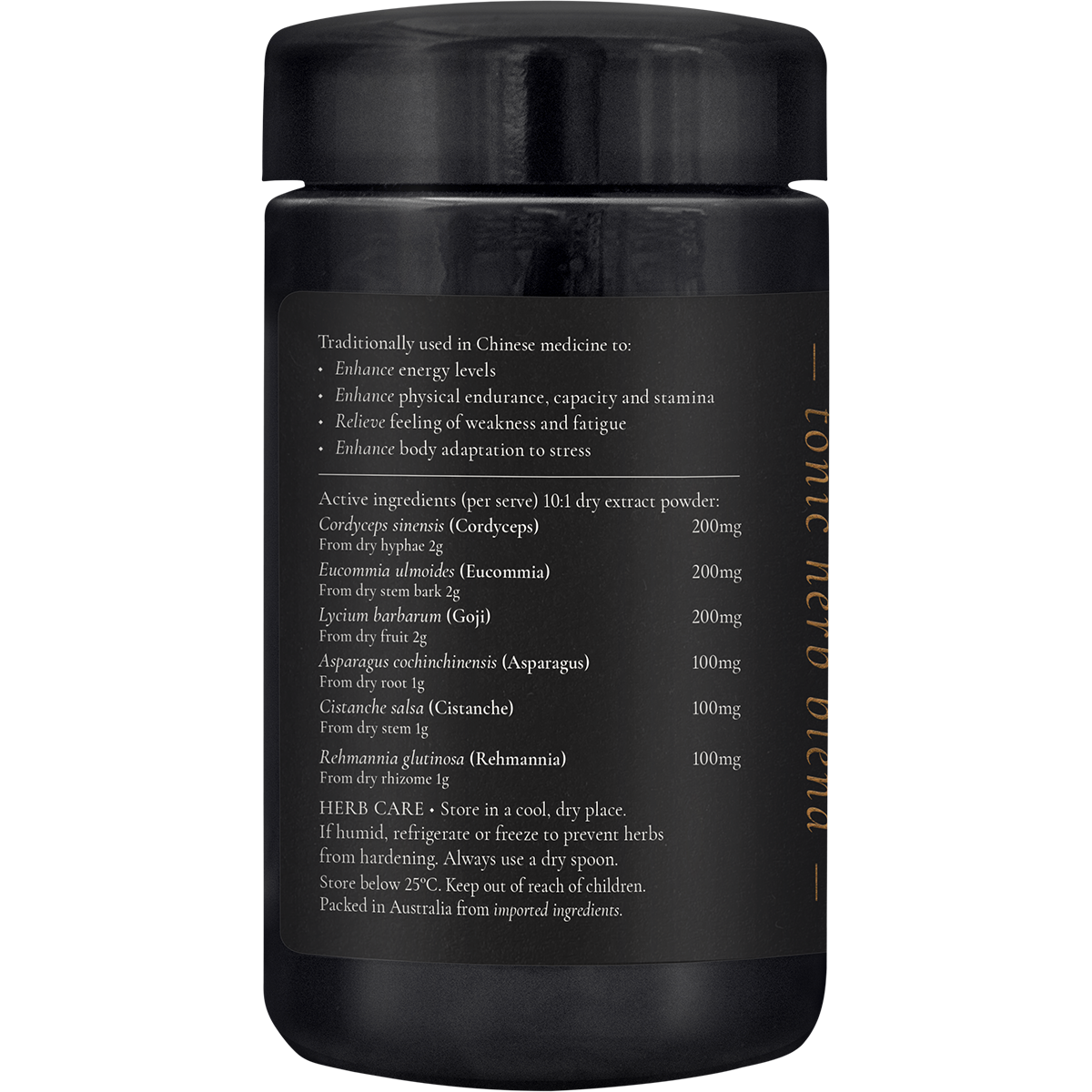 SuperFeast JING Stress and Fatigue Tonic 100g glass jar shown from a side angle on a white background.