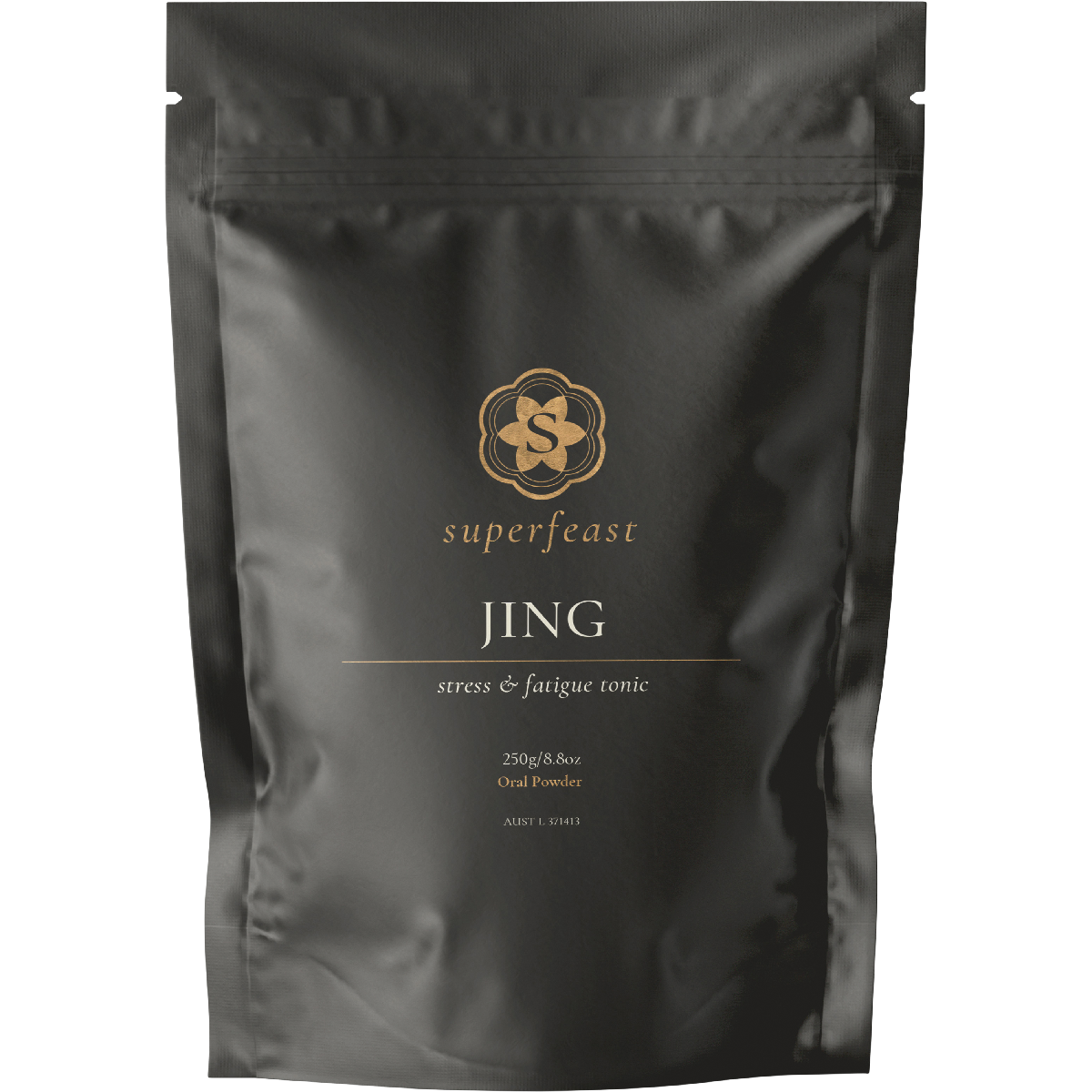 250g bag of SuperFeast JING Stress and Fatigue Tonic, a Taoist herbal blend for energy and adrenal support.